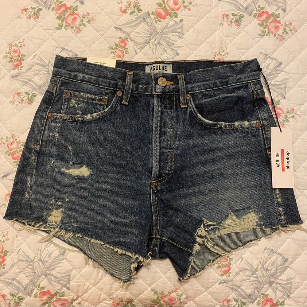 Agolde Dark Blue Distressed Denim Cutoff Shorts